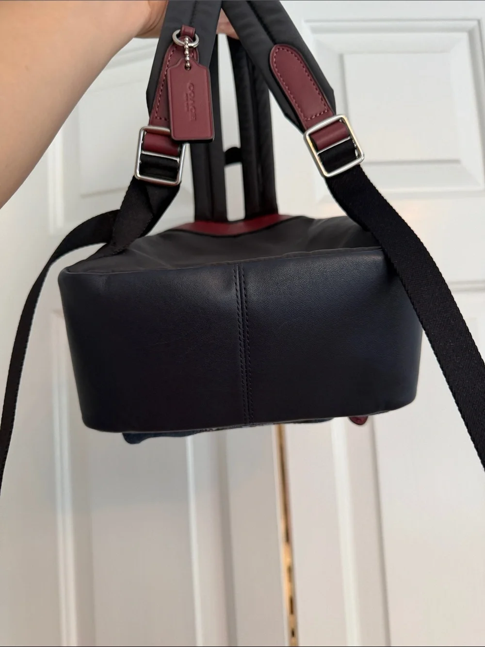 Authentic Coach Burgundy Leather/Denim mini backpack with patchwork/rhinestone